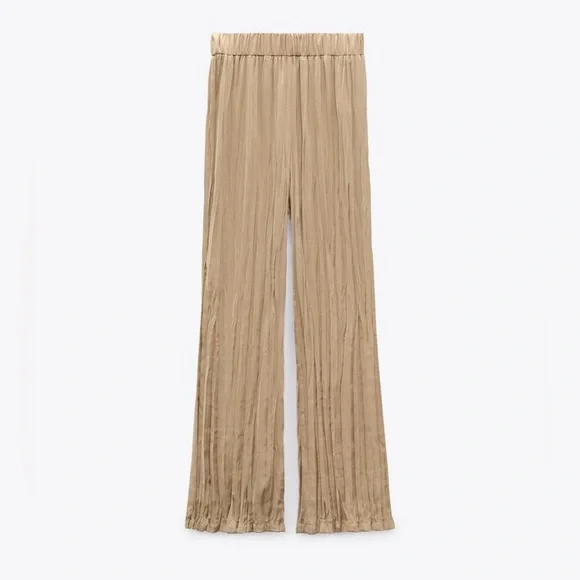 Zara Satin Pants Large Taupe Wide Leg Elastic Waist Lightweight Wrinkle Effect - Picture 12 of 16